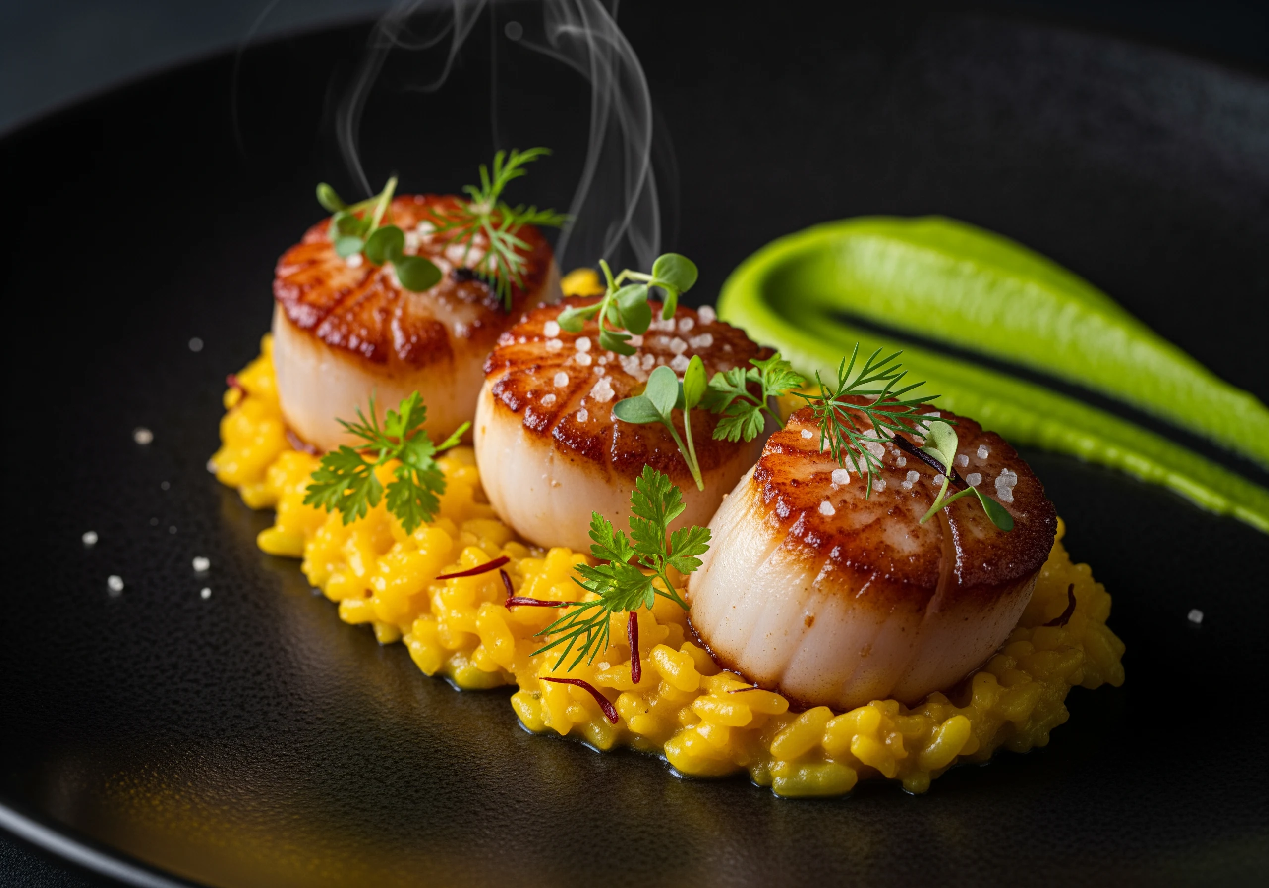 AI-generated gourmet photo of seared scallops on saffron risotto, created with Google Imagen 4 Ultra on RenderFlow AI