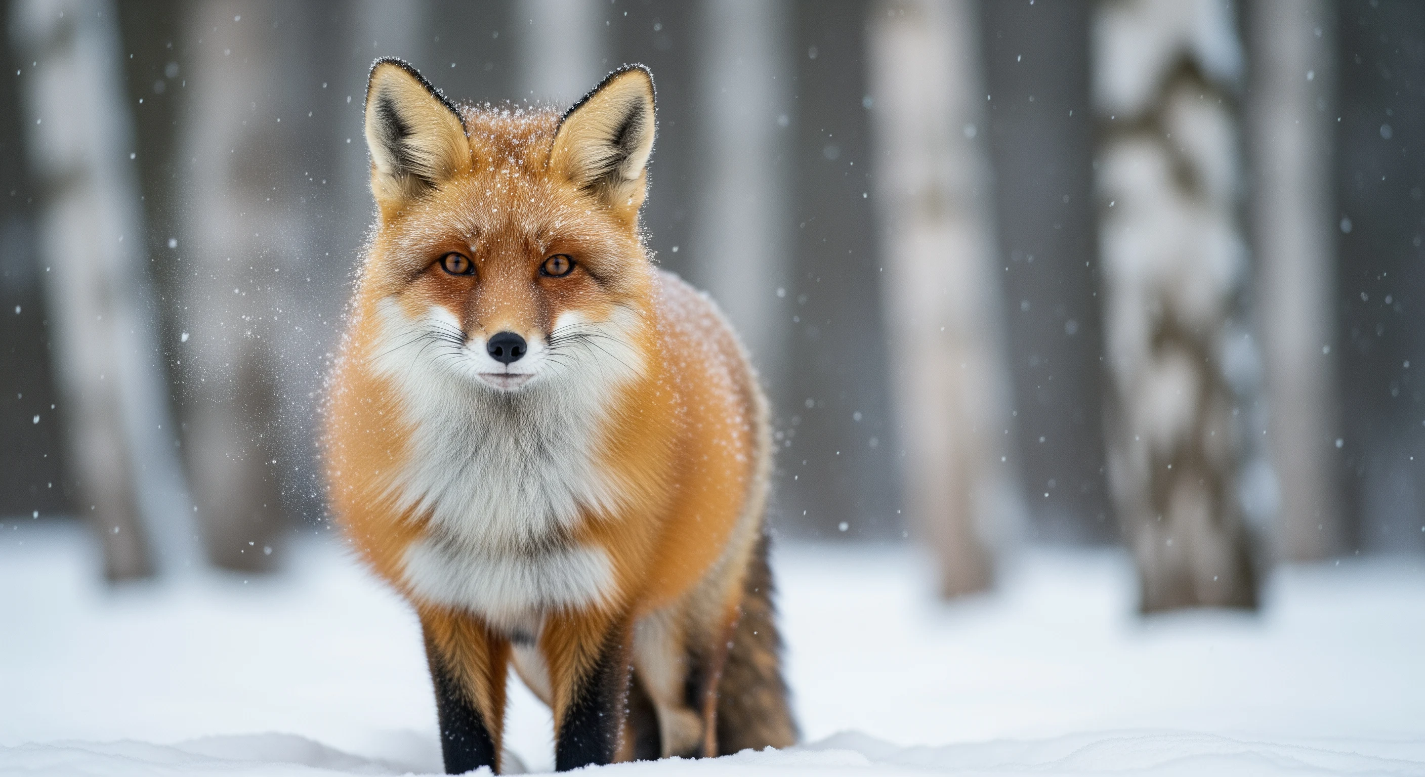 AI-generated wildlife photo of a red fox in snowfall at a birch forest edge, created with Google Imagen 4 Ultra on RenderFlow AI