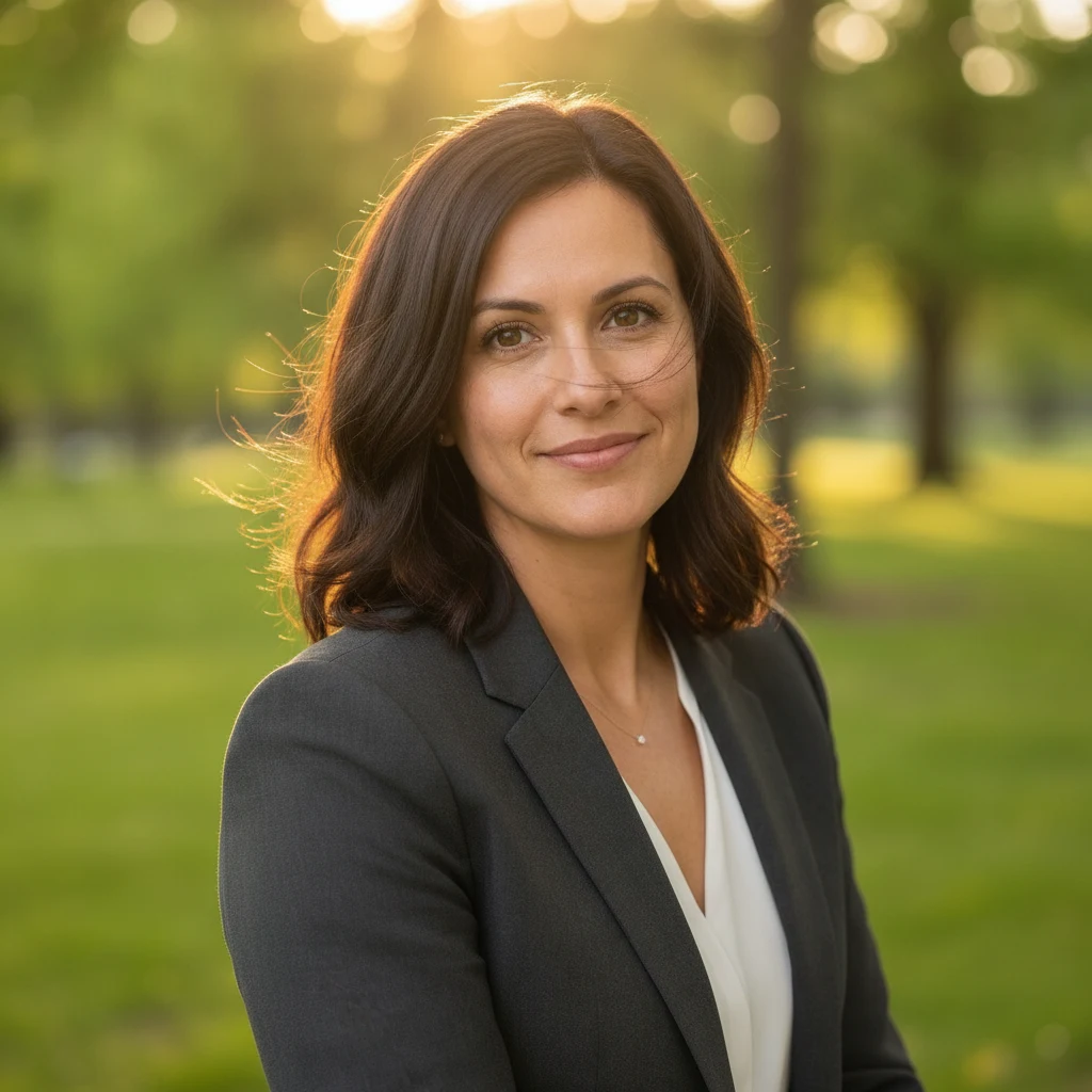 Professional headshot edited with Nano Banana Edit to an outdoor golden-hour park setting while preserving the woman's identity