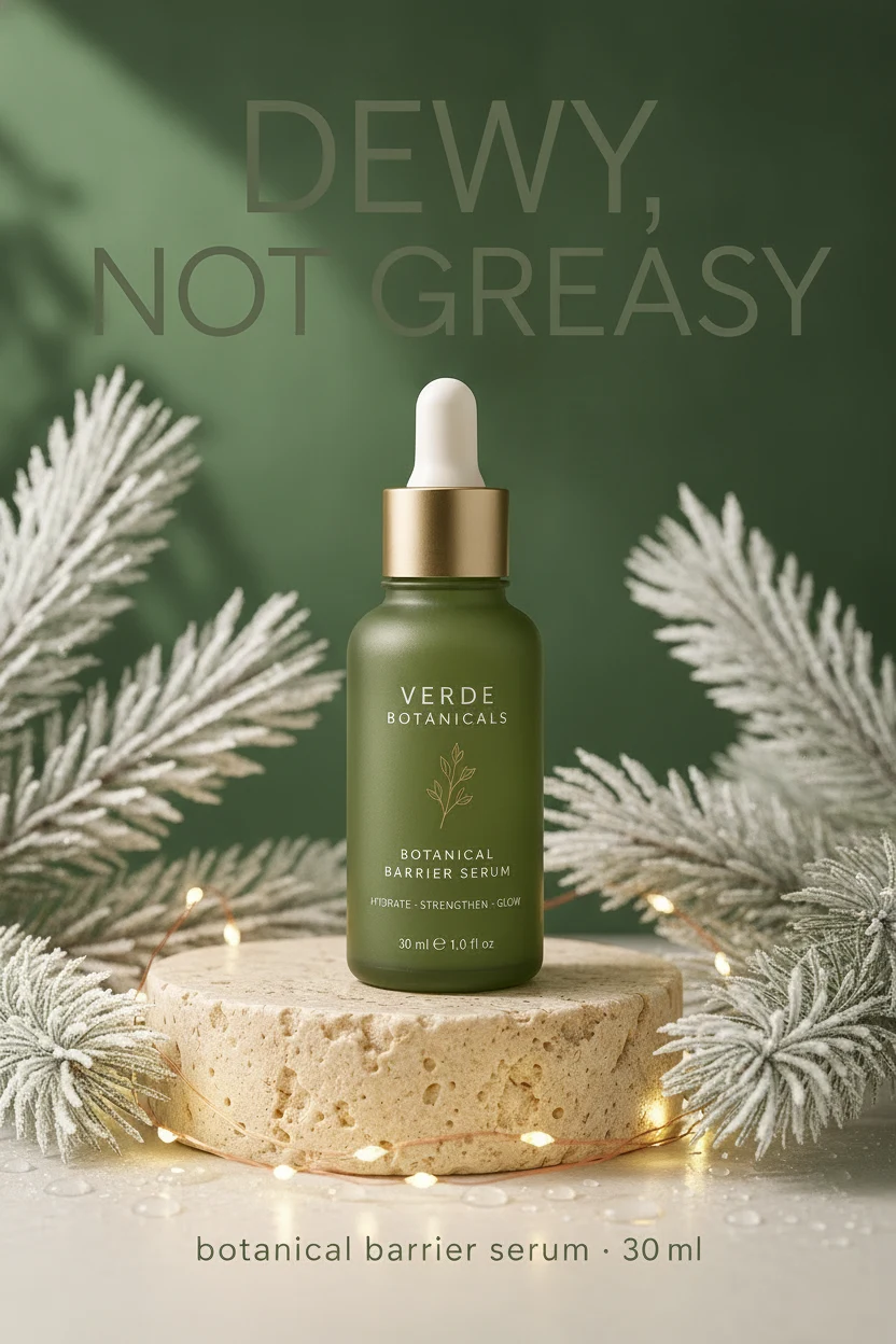 Skincare serum ad edited with Nano Banana Edit into a winter holiday variant with pine sprigs and fairy lights