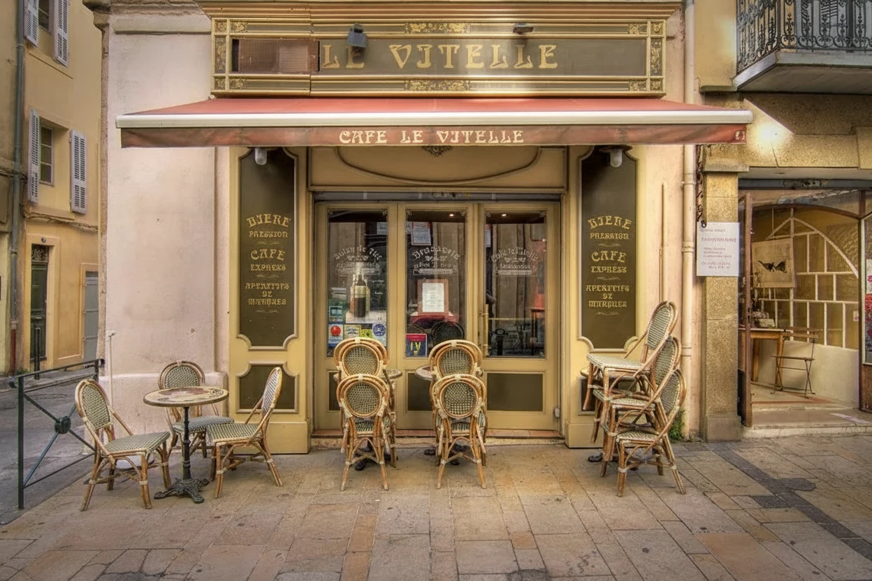 Café exterior photo cleaned up with Nano Banana Edit by removing foreground bollards and rebuilding the pavement