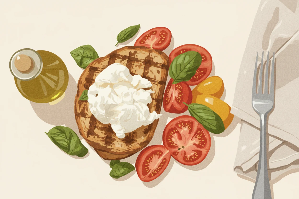 Overhead lunch photo restyled as a flat-lay illustration by Nano Banana Edit with the composition preserved