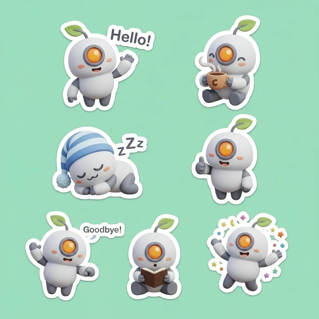 Robot mascot sticker sheet extended with three consistent new poses by Nano Banana Edit
