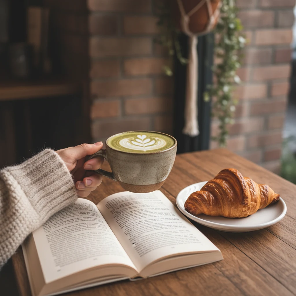 AI-generated lifestyle photo of a matcha latte held above a café table with a book and croissant, created with Google Nano Banana on RenderFlow AI