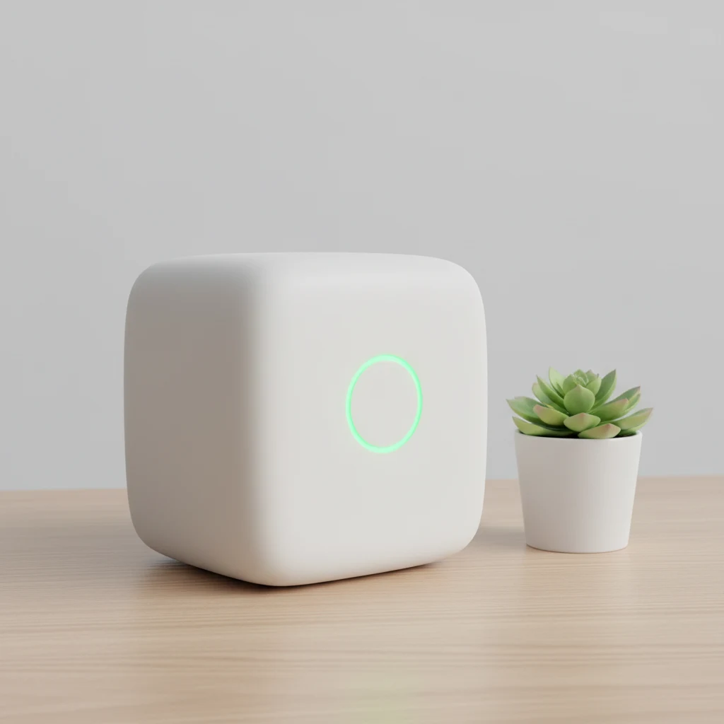 AI-generated concept render of a rounded white desktop air purifier on an oak desk, created with Google Nano Banana on RenderFlow AI