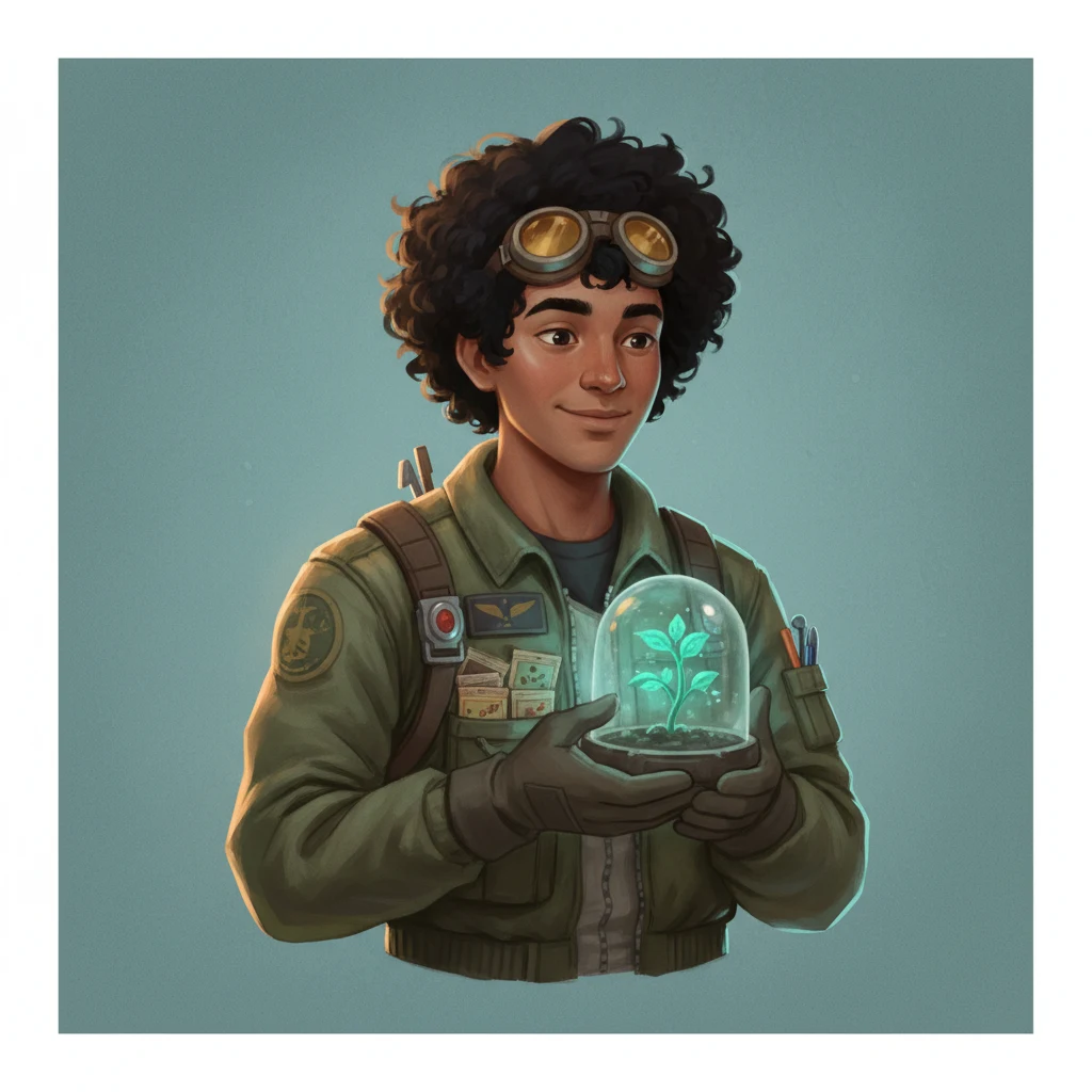 AI-generated character concept of a space botanist holding a glowing plant in a glass dome, created with Google Nano Banana on RenderFlow AI