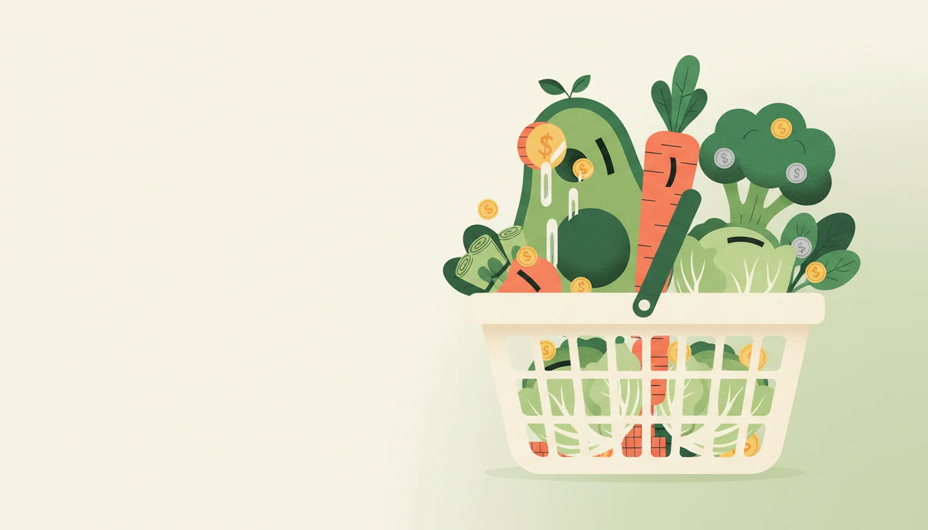 AI-generated conceptual editorial illustration of a grocery basket with piggy-bank vegetables, created with Google Nano Banana on RenderFlow AI
