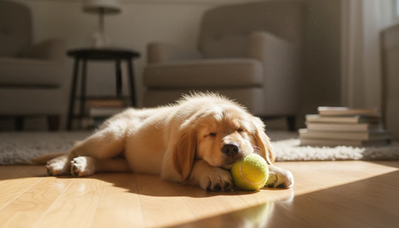 AI-generated photo of a golden retriever puppy asleep in afternoon sunlight, created with Google Nano Banana on RenderFlow AI