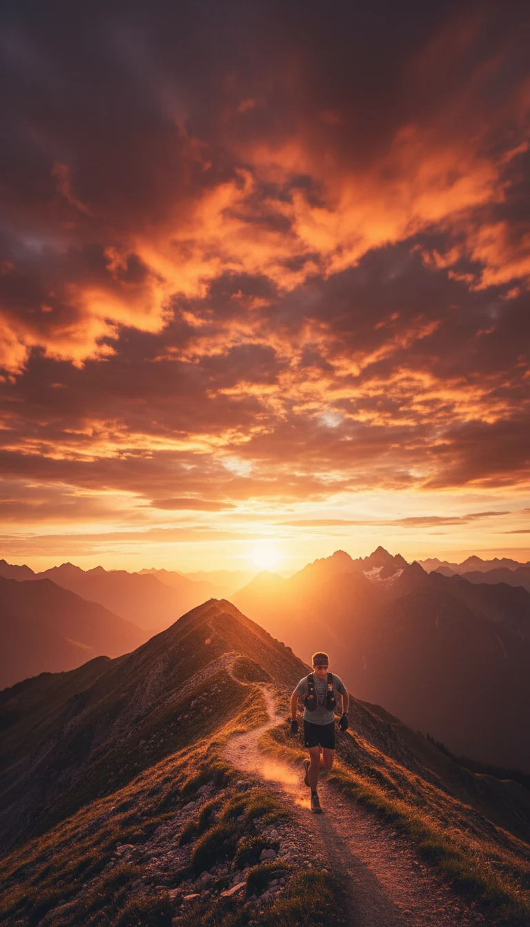 AI-generated vertical ad concept of a trail runner on a mountain ridge at golden hour, created with Google Nano Banana on RenderFlow AI