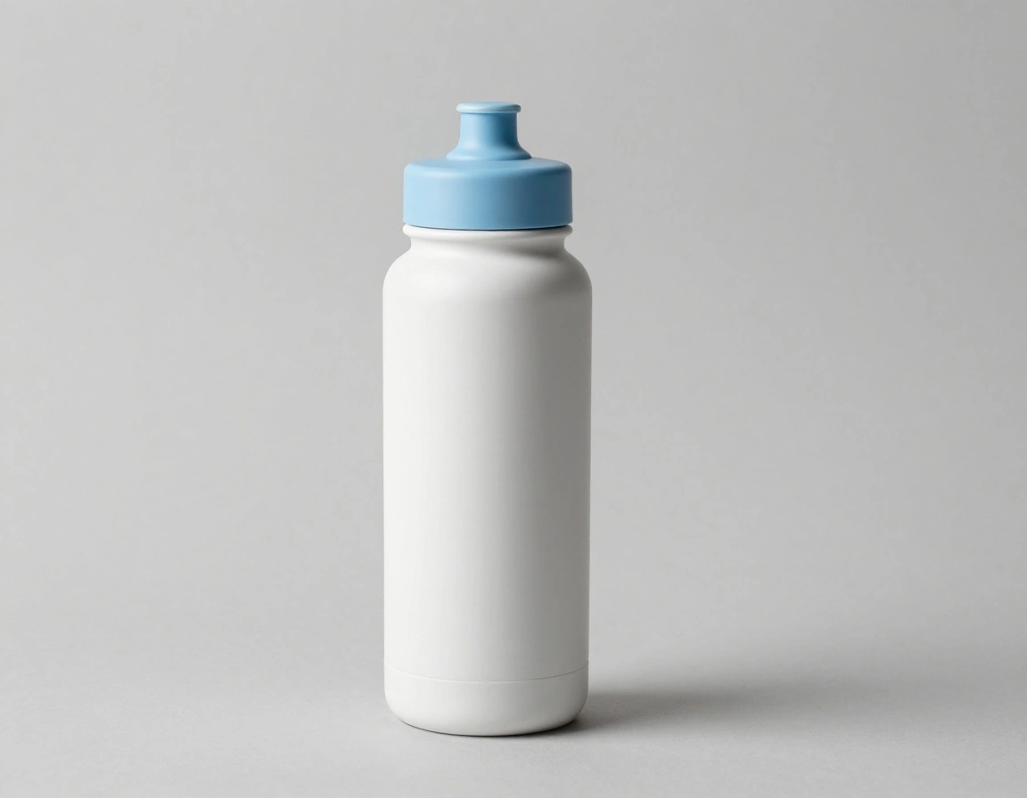 AI-generated catalog photo of a white ceramic water bottle with a blue sleeve, created with P Image on RenderFlow AI