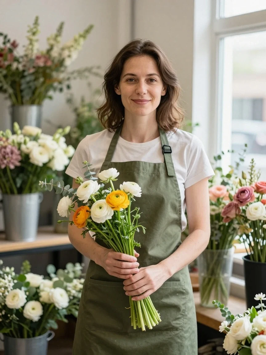 AI-generated portrait of a florist holding a bouquet inside a flower shop, created with P Image on RenderFlow AI