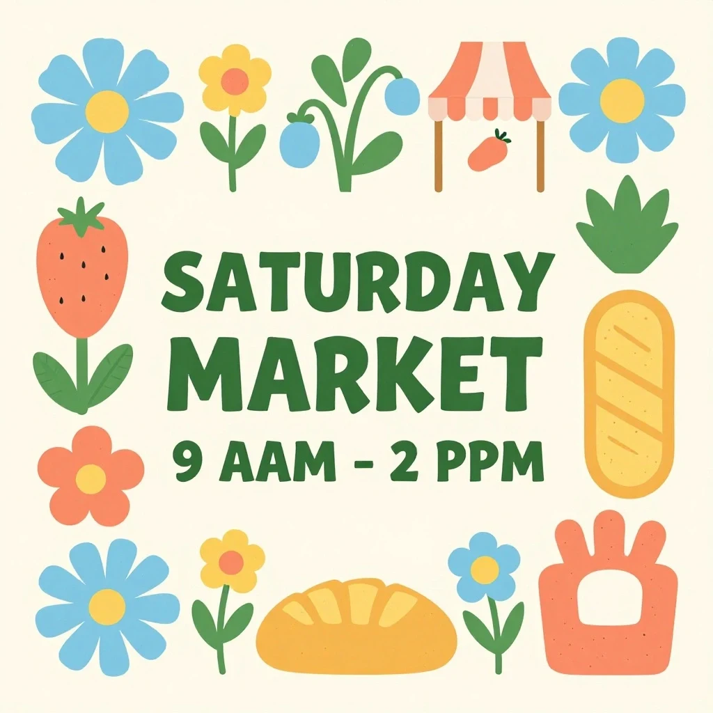 AI-generated Saturday Market social graphic with cut-paper produce and readable event text, created with P Image on RenderFlow AI