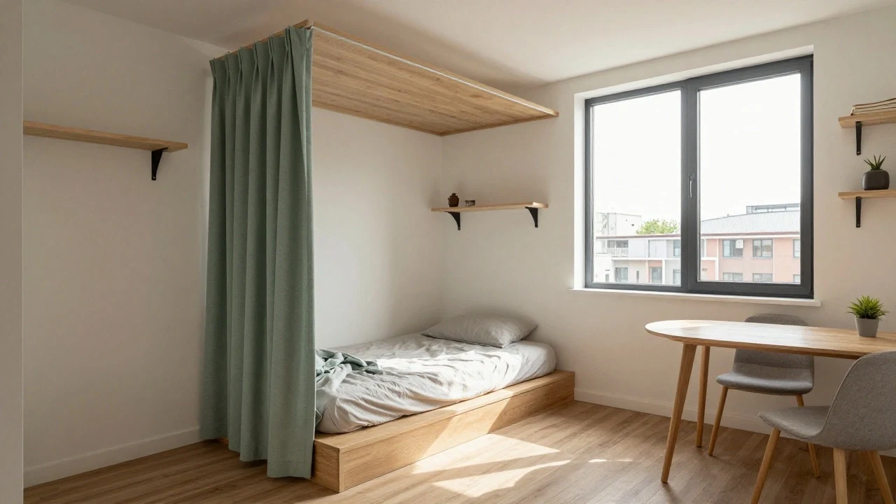 AI-generated compact studio apartment with an oak platform bed and sage curtains, created with P Image on RenderFlow AI