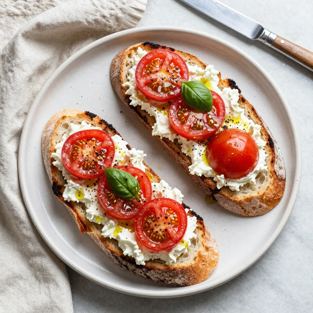 AI-generated overhead food photo of tomato and ricotta toast, created with P Image on RenderFlow AI