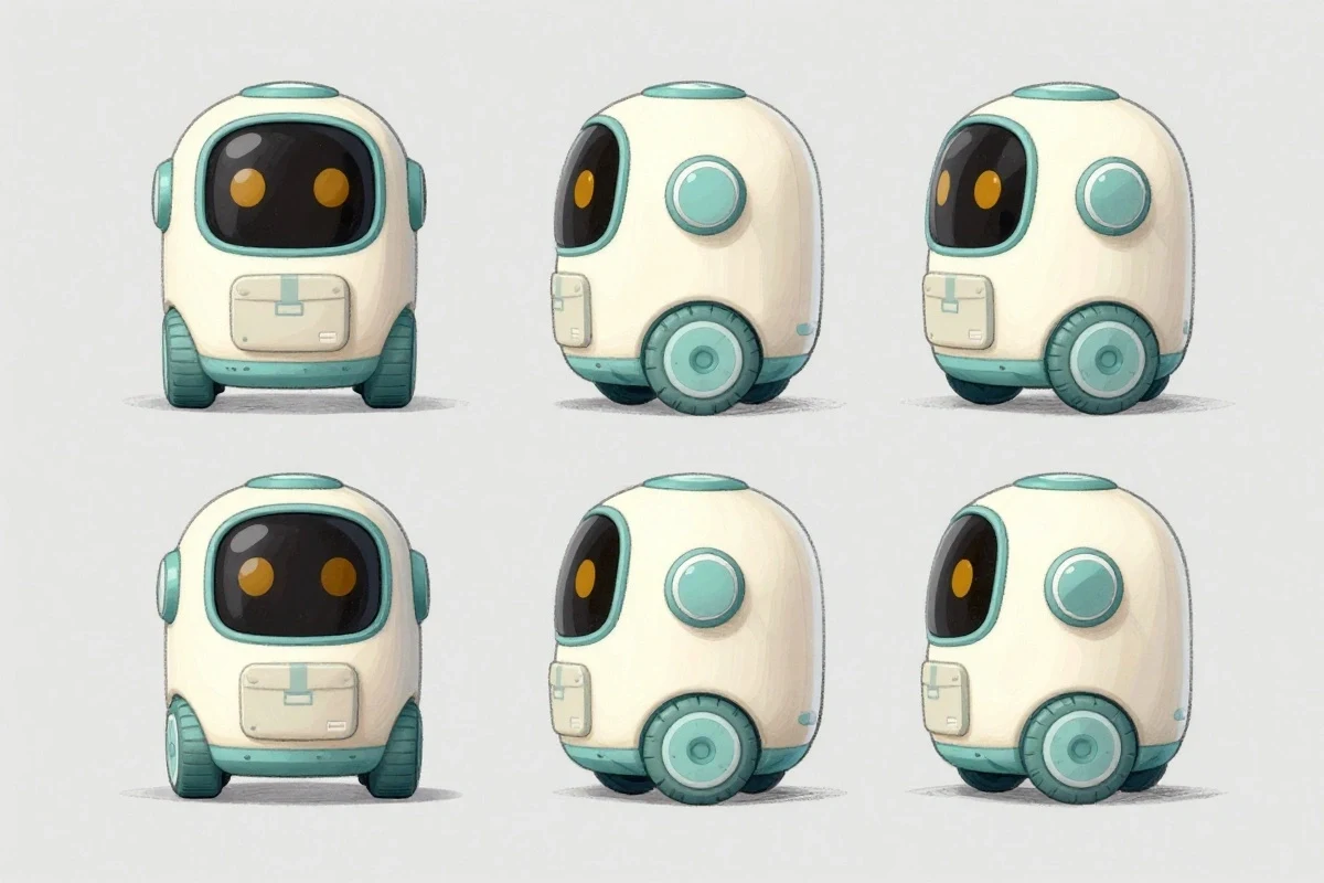 AI-generated multi-view character sheet of a small cream and teal delivery robot, created with P Image on RenderFlow AI