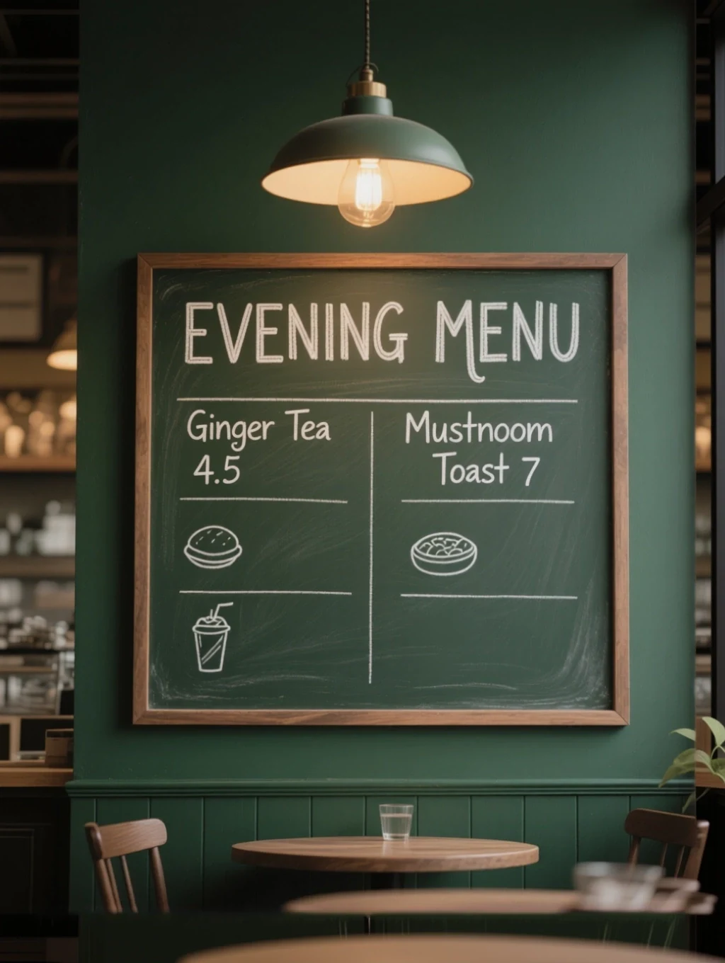 Chalkboard café menu edited with Qwen Image Edit to change the header and two items while keeping the lettering style