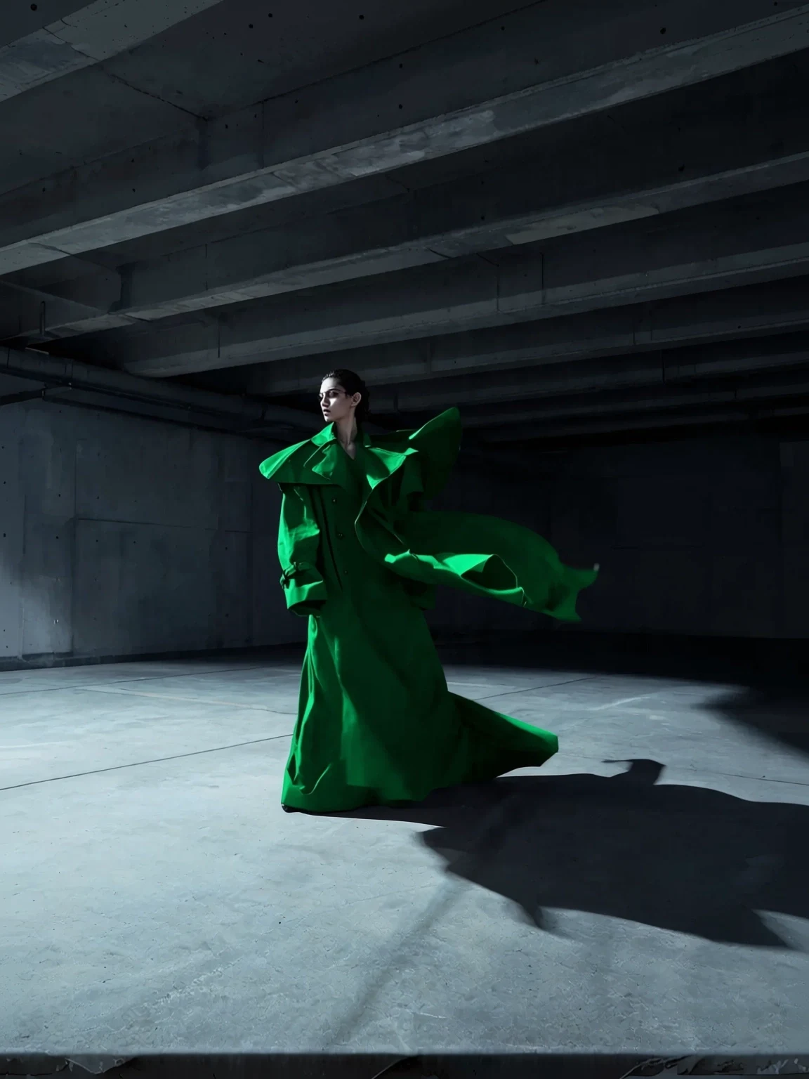 Fashion editorial photo edited with Qwen Image Edit to change the coat to emerald green satin