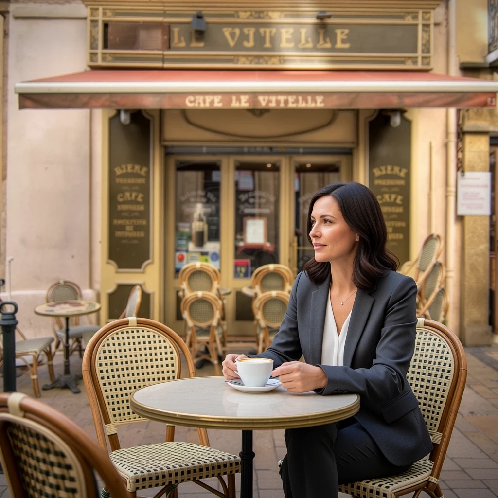 Professional portrait merged into a café street scene by Qwen Image Edit Plus with identity and lighting consistent