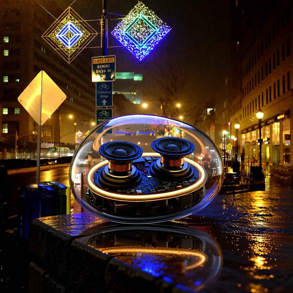Transparent speaker composited into a rainy neon night street by Qwen Image Edit Plus from two images