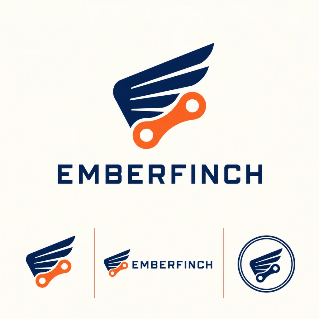 AI-generated EMBERFINCH coastal cycling logo identity sheet, created with Recraft V4.1 on RenderFlow AI