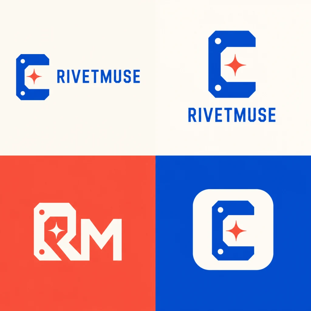 AI-generated RIVETMUSE logo system with four coordinated lockups, created with Recraft V4.1 on RenderFlow AI