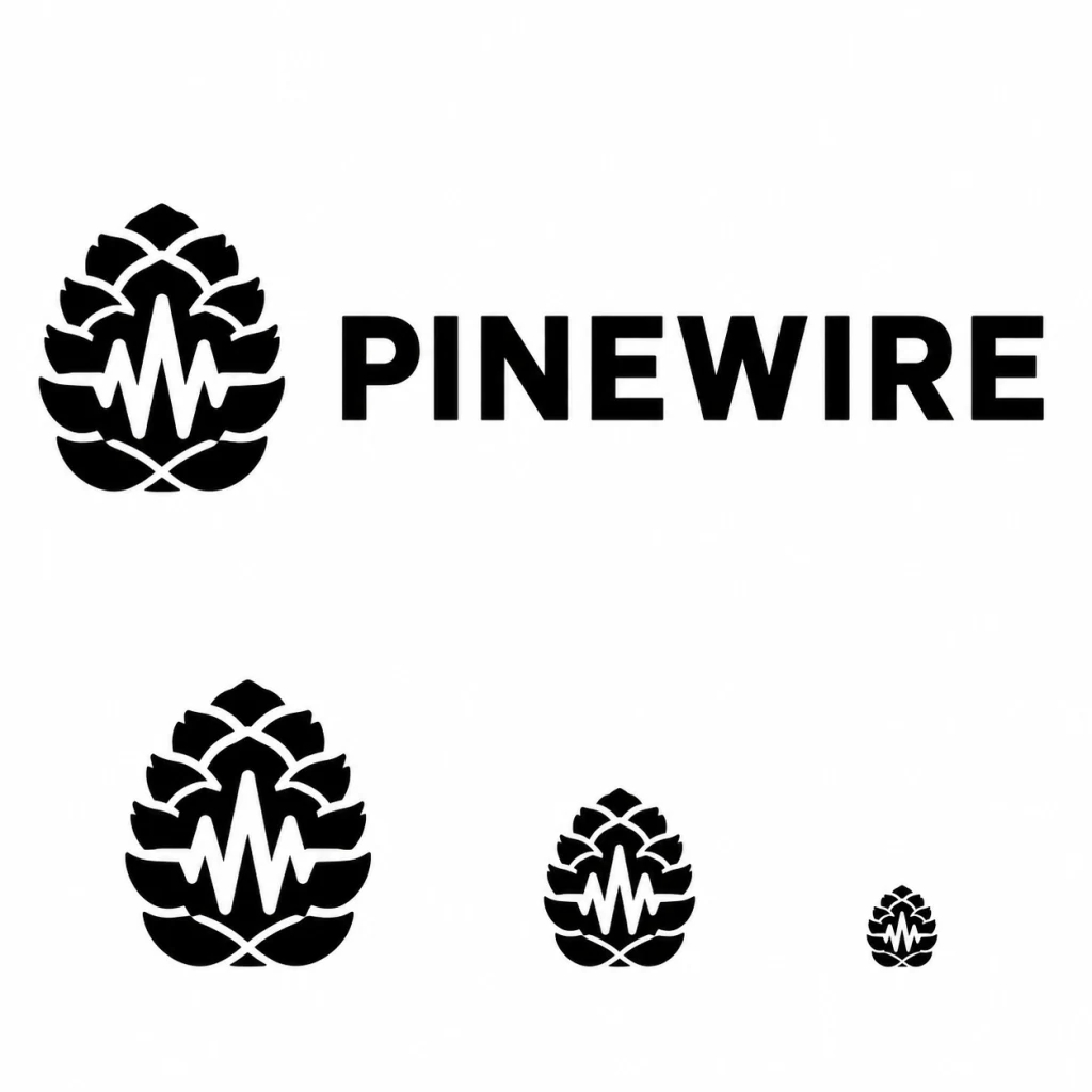 AI-generated black-and-white PINEWIRE logo scalability sheet, created with Recraft V4.1 on RenderFlow AI