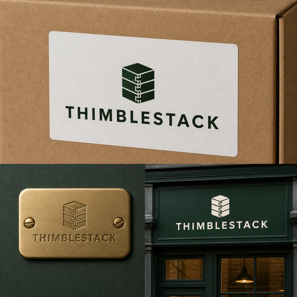 AI-generated THIMBLESTACK logo applied to packaging, hardware, and signage, created with Recraft V4.1 on RenderFlow AI