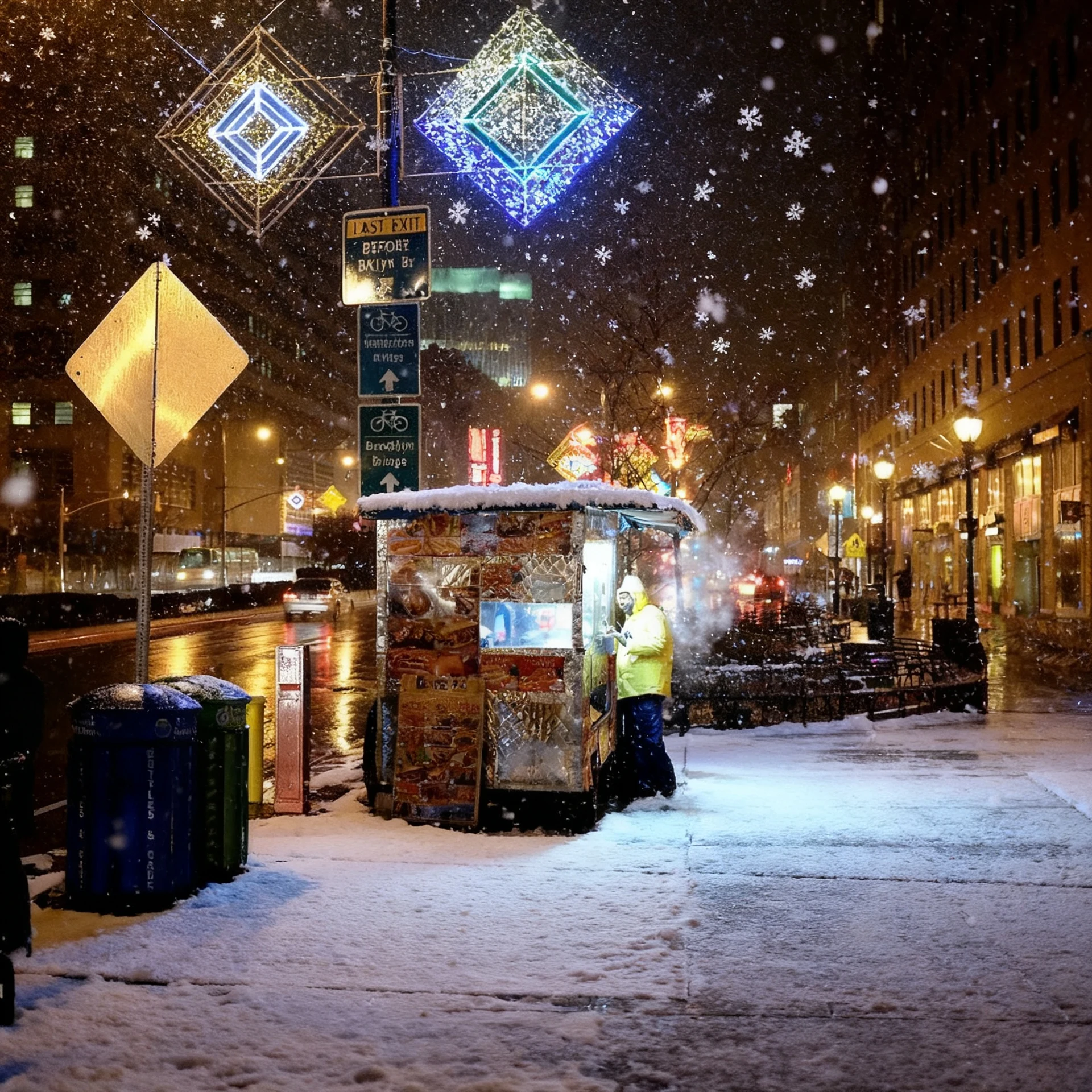 Night street photo rewritten as a snowy winter evening by Seedream V4 Edit with the composition preserved