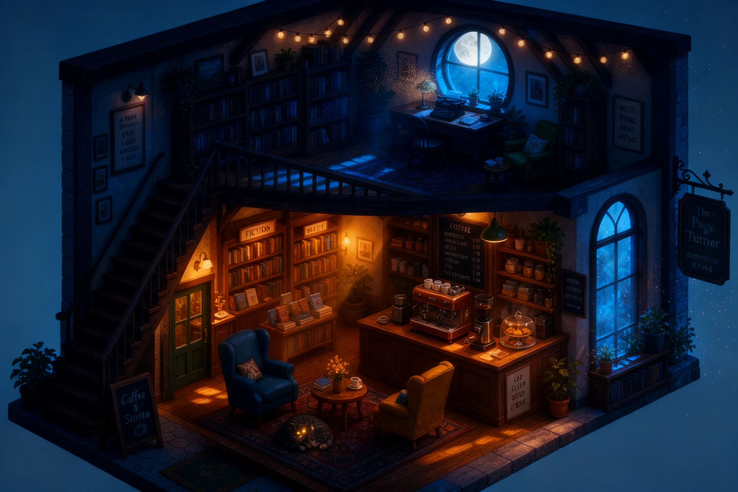 Isometric bookshop illustration rewritten as a midnight scene by Seedream V4 Edit with the layout preserved