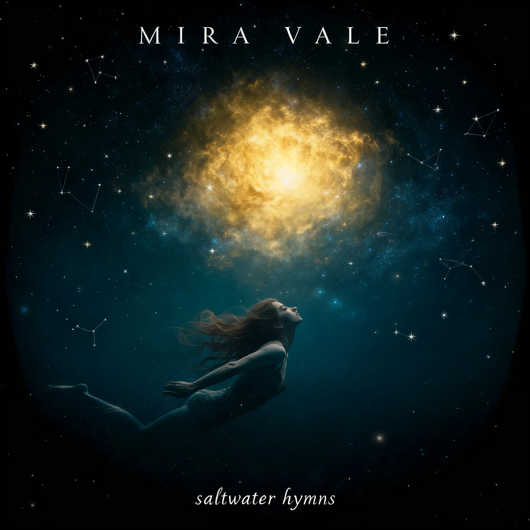 Album cover creatively rewritten by Seedream V4 Edit from an underwater scene to a cosmic nebula with typography preserved