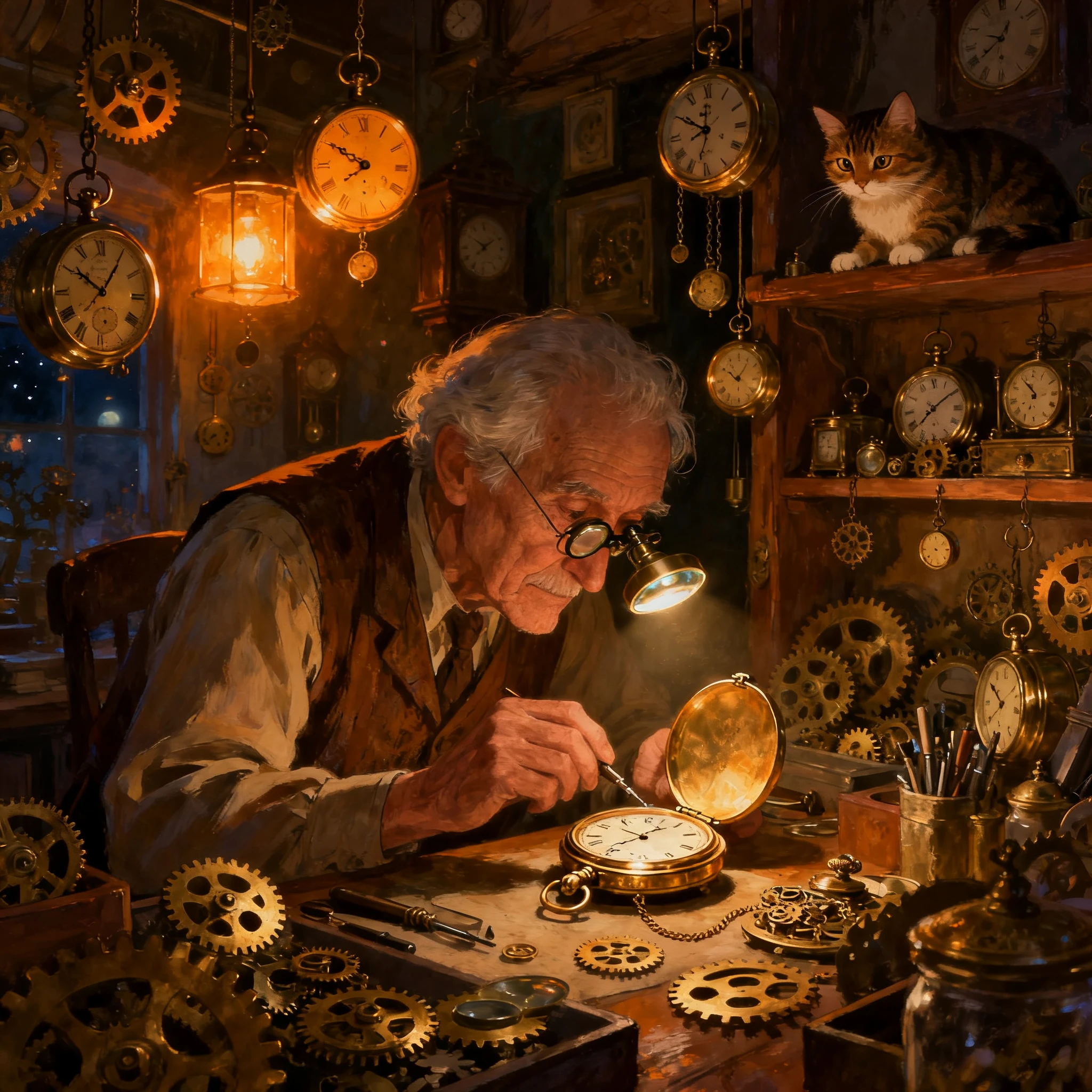 AI-generated painterly illustration of a clockmaker at work in a gear-filled shop at night, created with Seedream V4 on RenderFlow AI