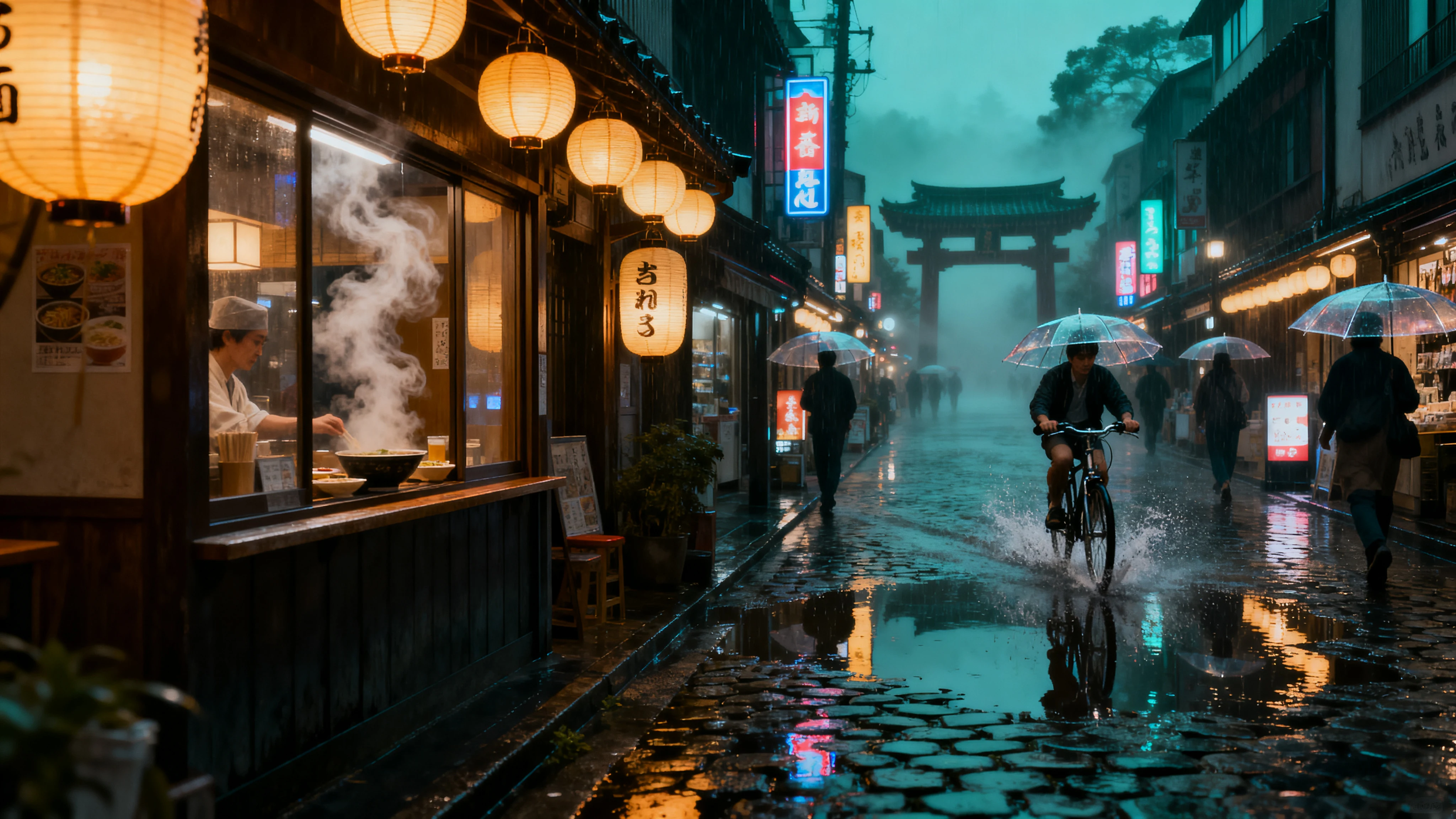 AI-generated 4K cinematic cityscape of a rainy lantern-lit shopping street, created with Seedream V4 on RenderFlow AI