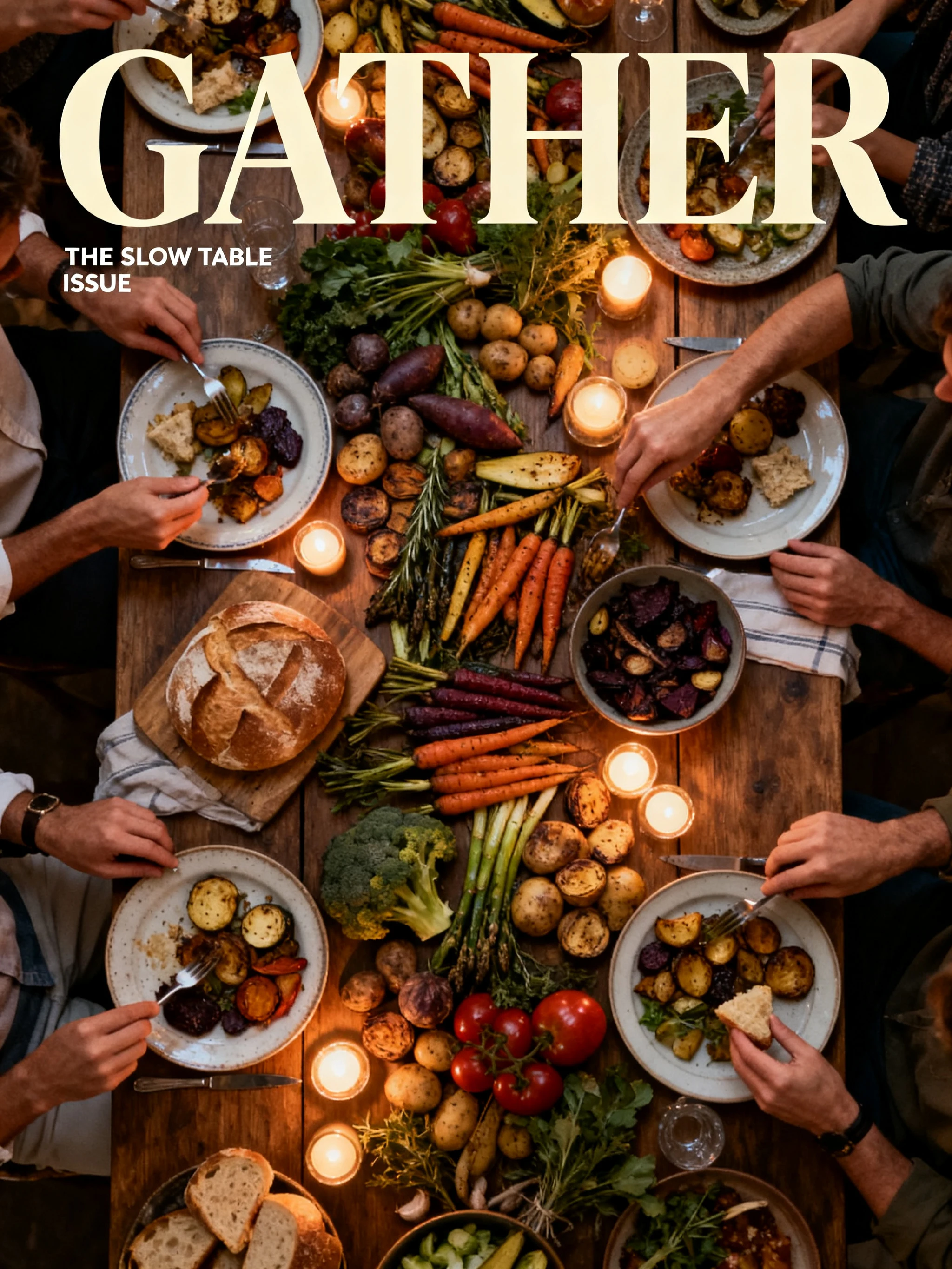 AI-generated food magazine cover concept with the masthead "Gather" over a harvest table, created with Seedream V4 on RenderFlow AI