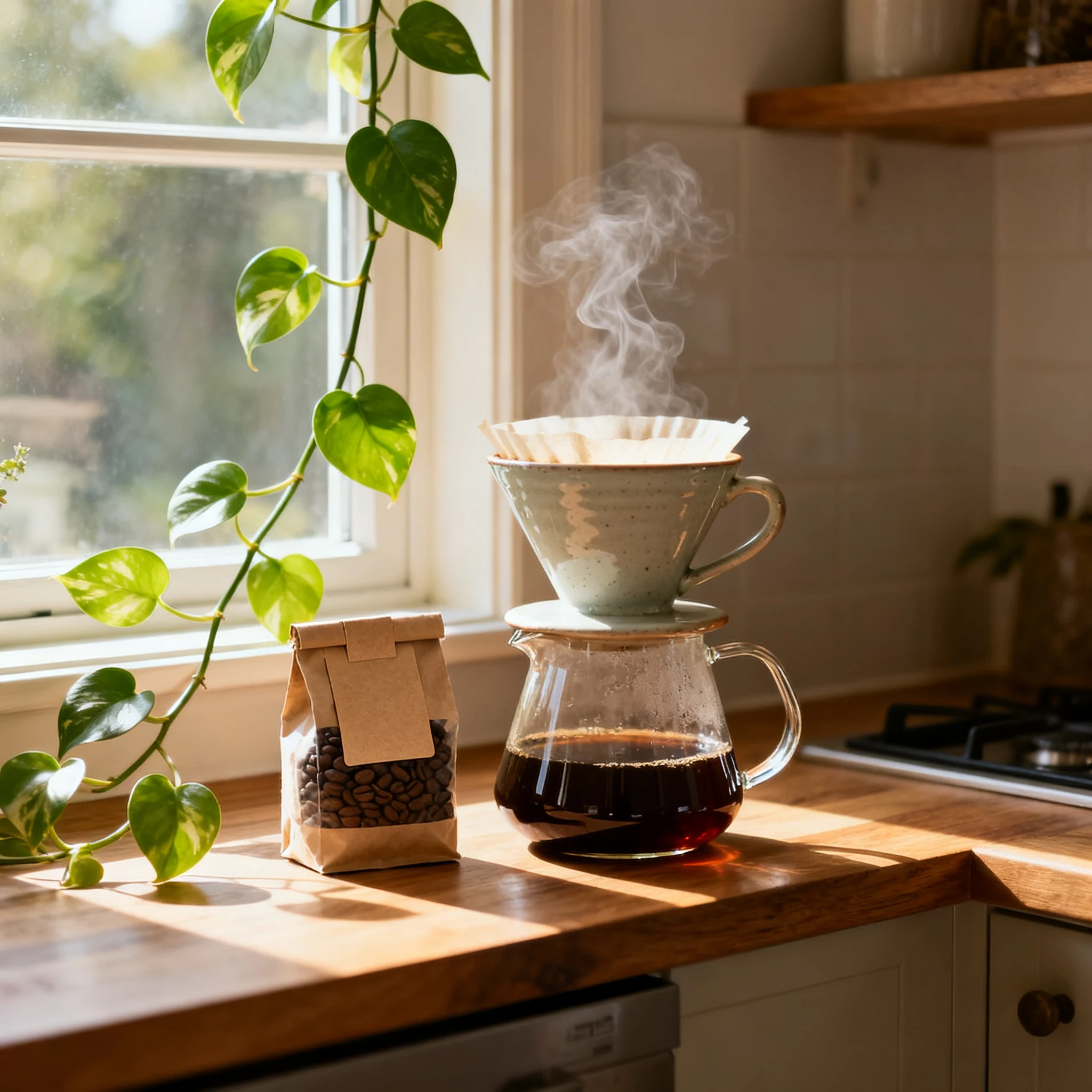 AI-generated lifestyle photo of a pour-over coffee set on a sunny windowsill, created with Seedream V4 on RenderFlow AI