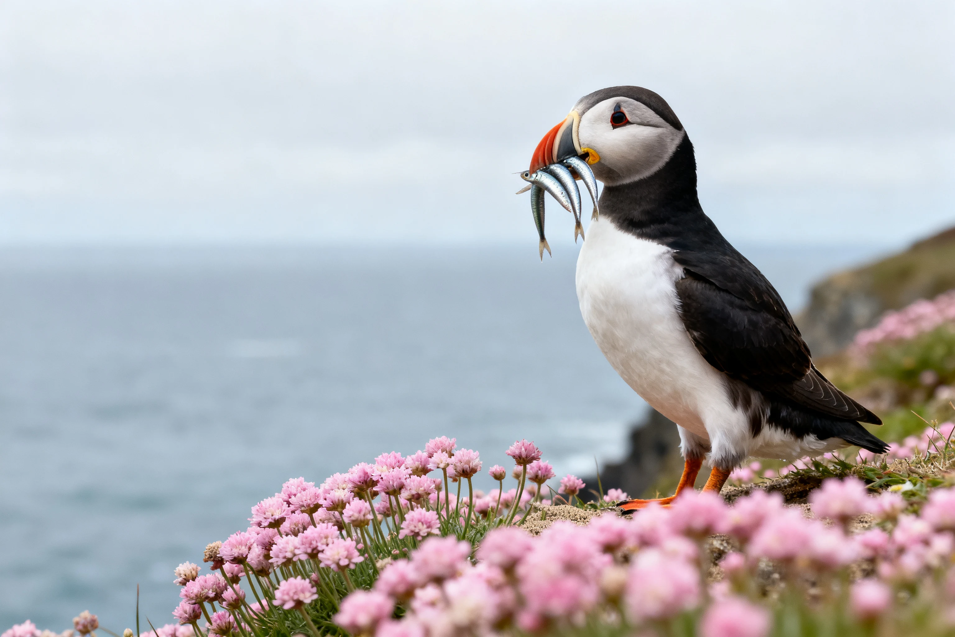 AI-generated wildlife editorial photo of a puffin with sand eels among pink cliff flowers, created with Seedream V4 on RenderFlow AI