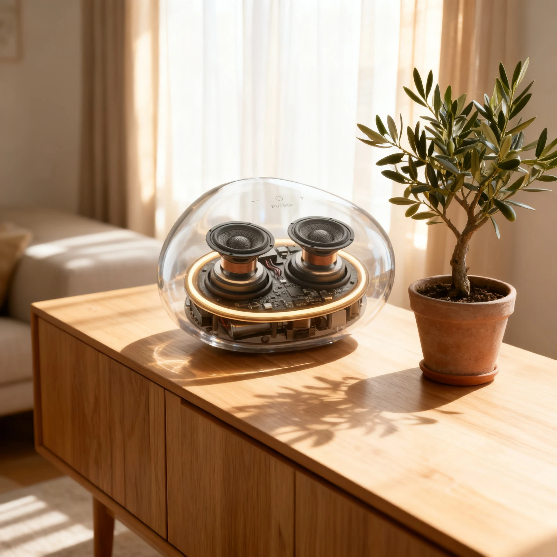 Speaker concept placed on a sunlit oak sideboard by Seedream V4 Sequential Edit, step 1 of a campaign build-up