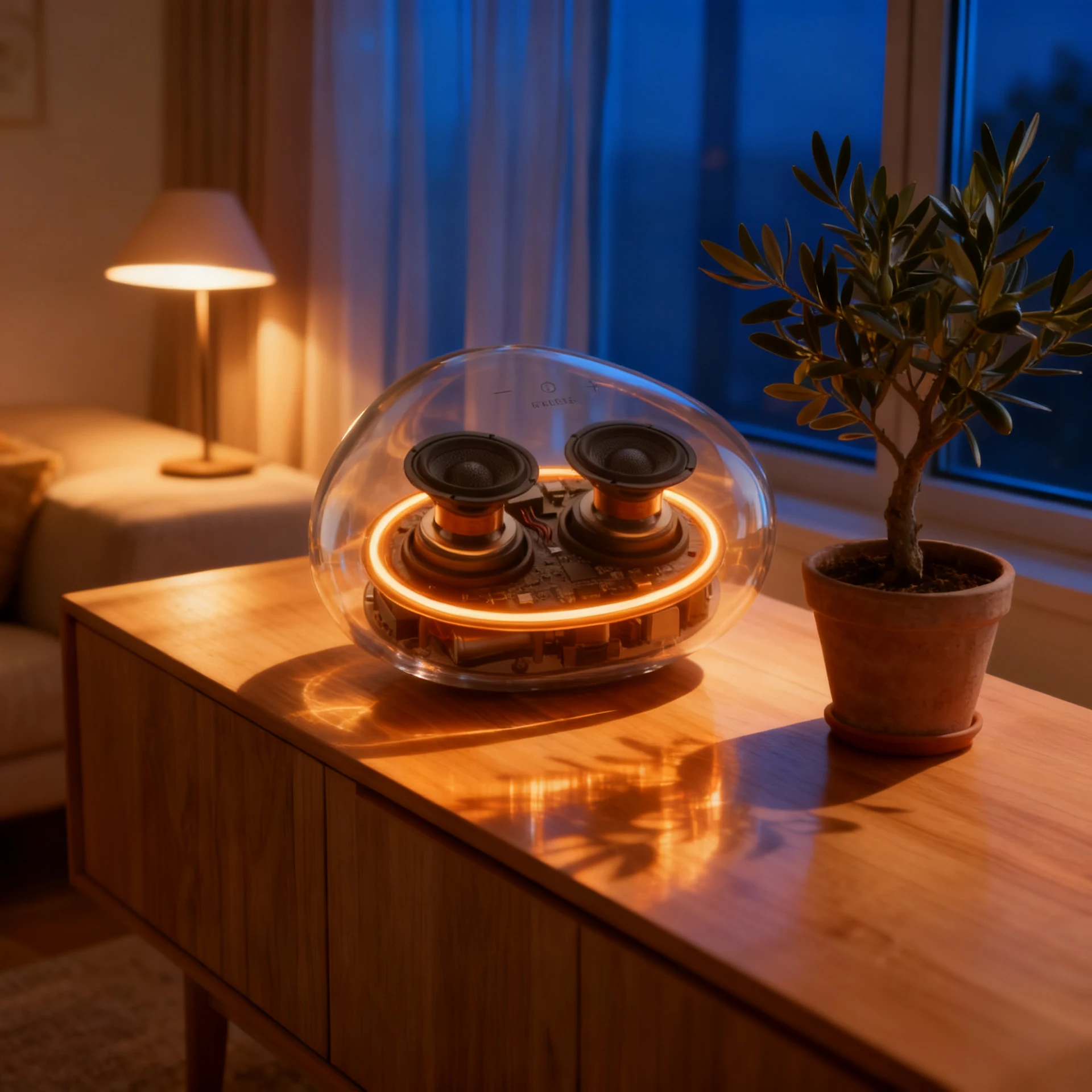 Speaker living-room scene relit for evening by Seedream V4 Sequential Edit, step 2 of a campaign build-up