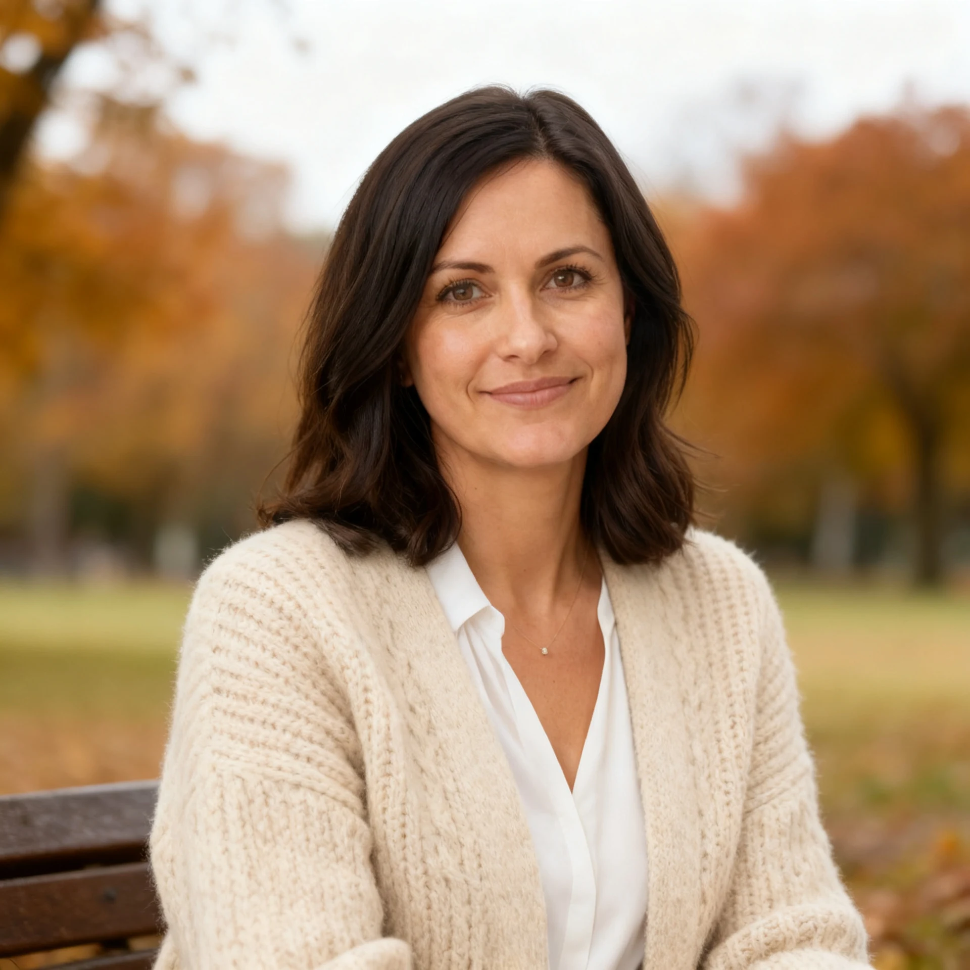 Headshot edited with Seedream V4 Sequential Edit to an autumn park portrait, step 1 of a portrait series