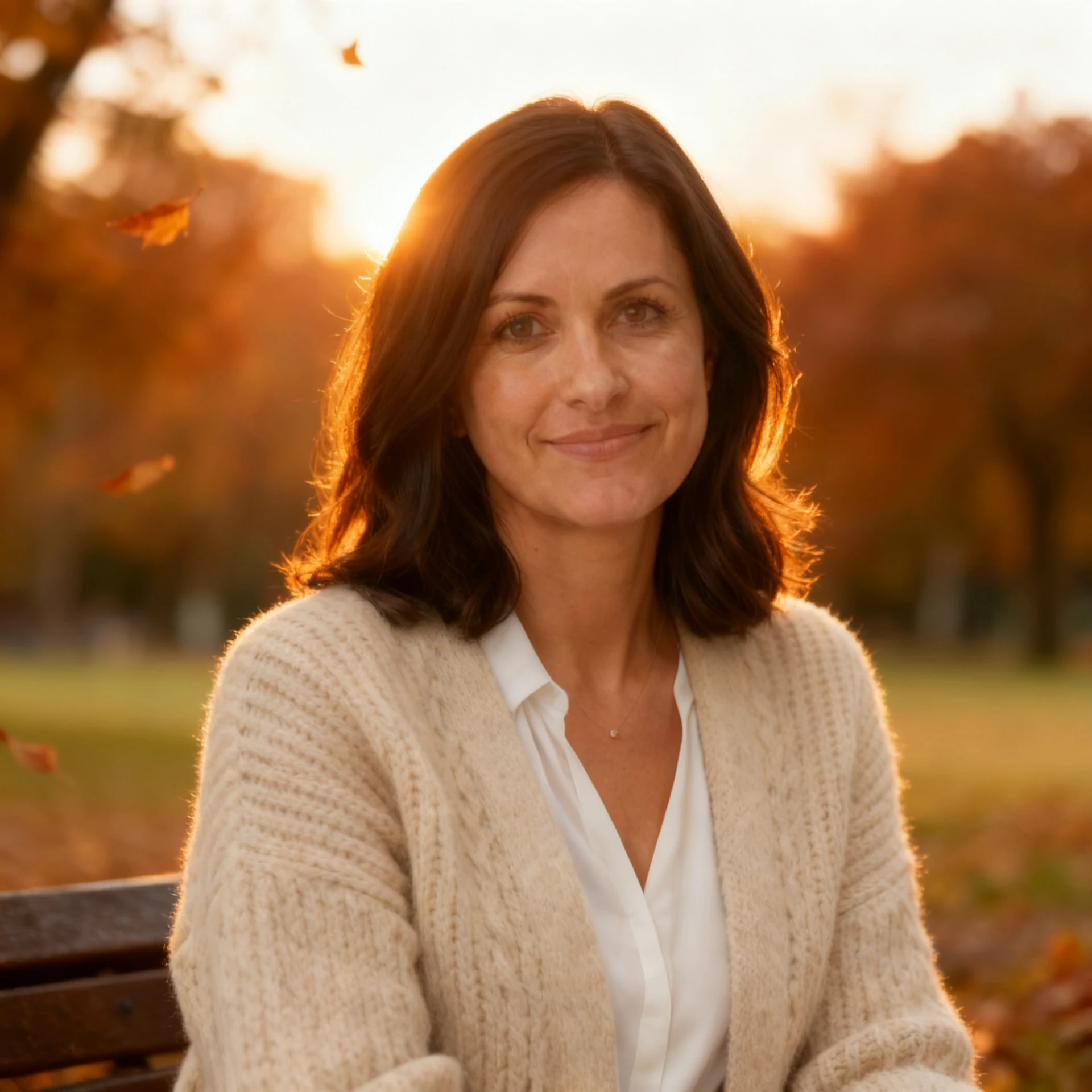 Autumn park portrait refined to golden hour by Seedream V4 Sequential Edit, step 2 of a portrait series