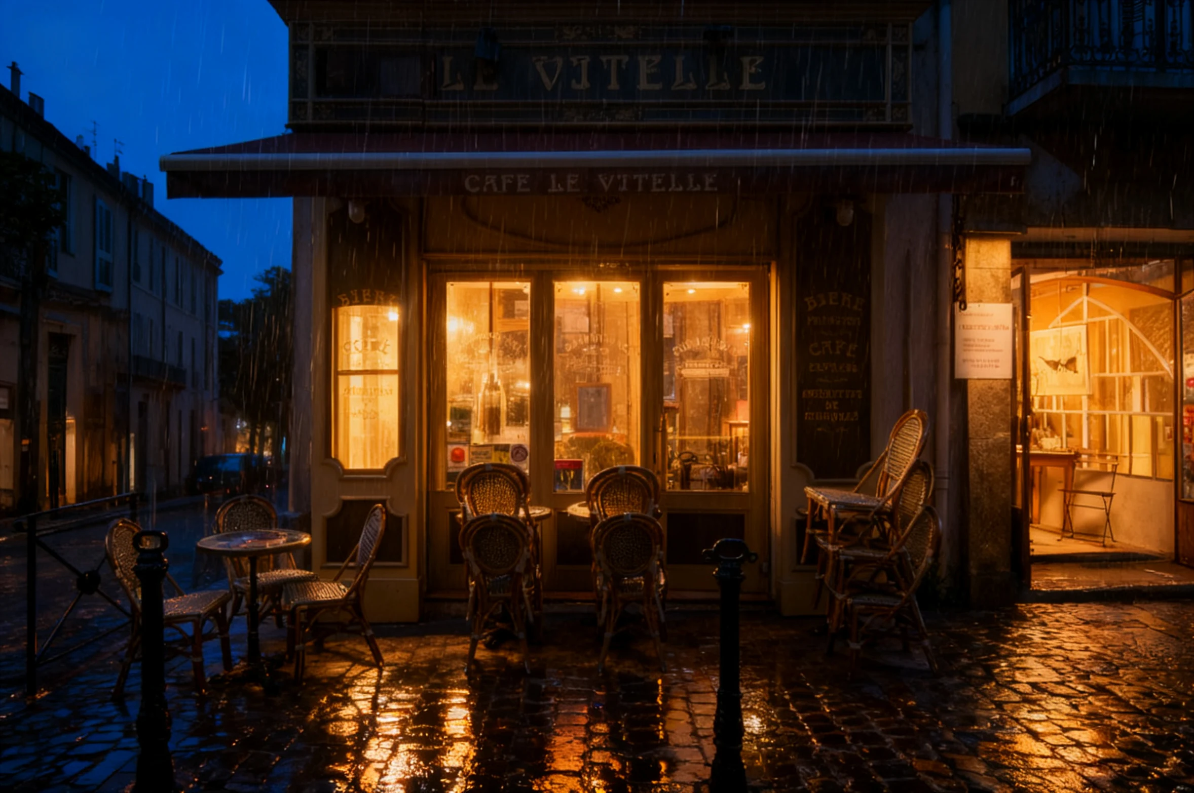 Café exterior changed to rainy dusk by Seedream V4 Sequential Edit, step 1 of a storefront campaign