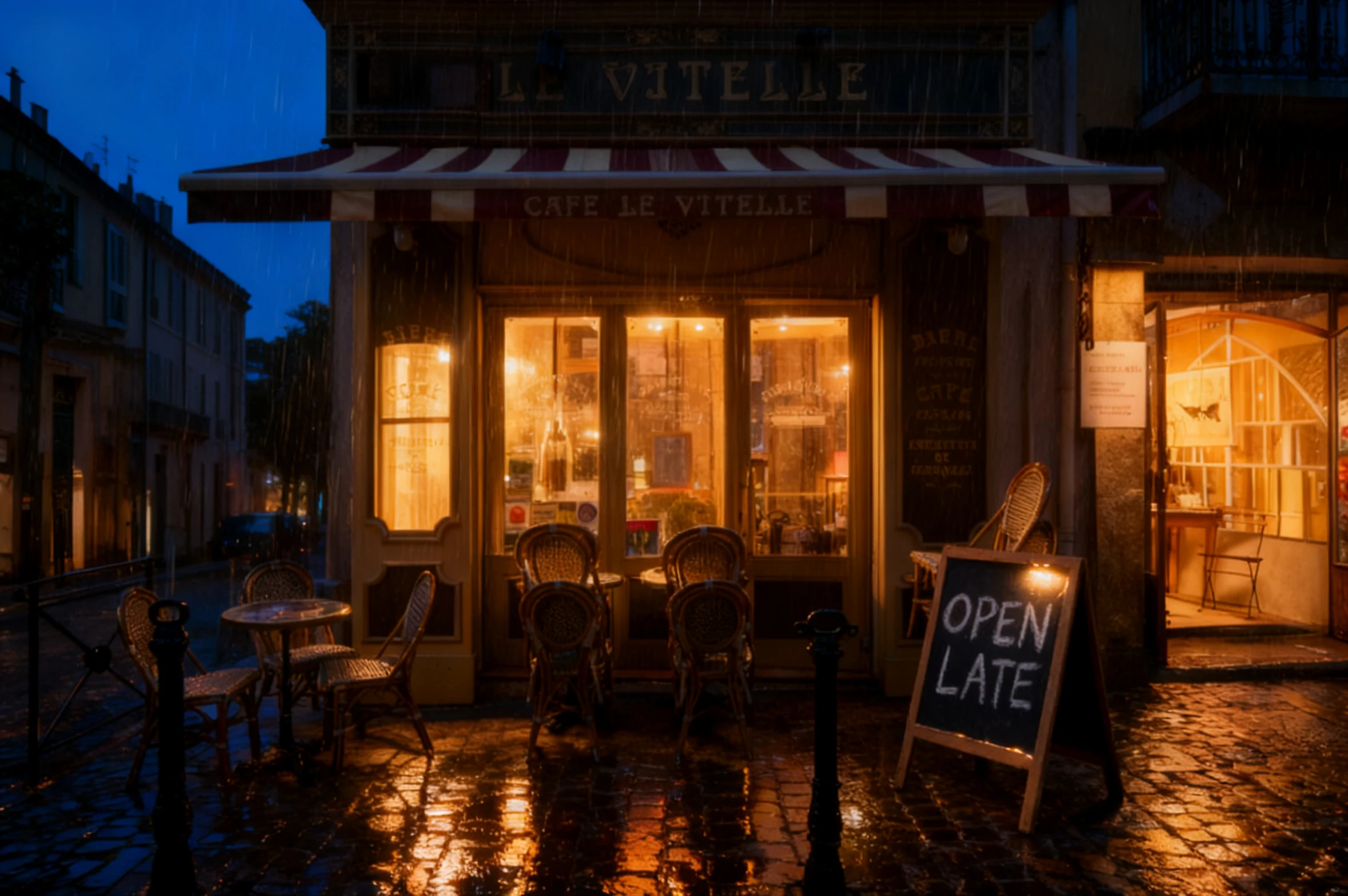 Rainy dusk café scene with an awning and an "Open Late" chalkboard sign added by Seedream V4 Sequential Edit