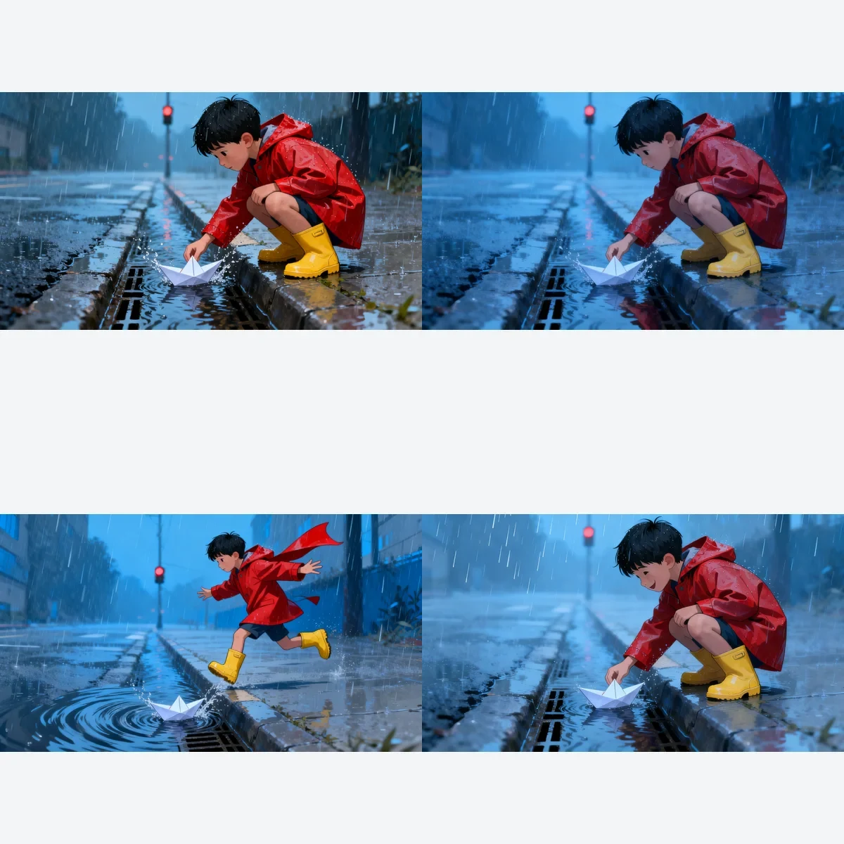 AI-generated 4-frame storyboard of a boy in a red raincoat sailing a paper boat, consistent sequence created with Seedream V4 Sequential on RenderFlow AI