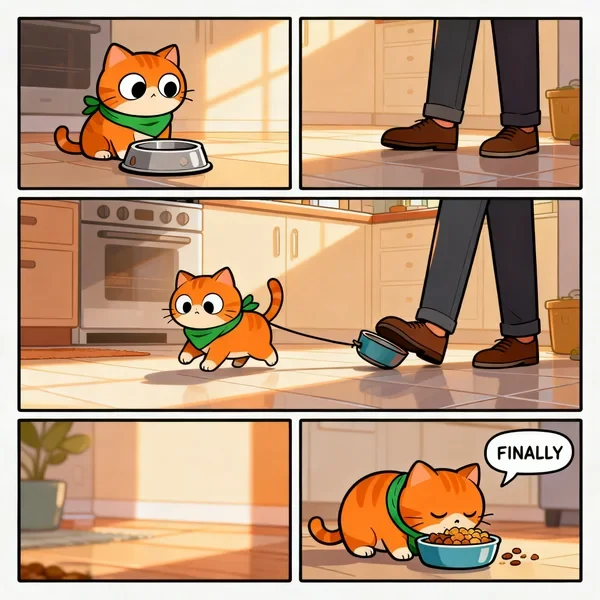 AI-generated 3-panel comic of an orange cat demanding breakfast, consistent sequence created with Seedream V4 Sequential on RenderFlow AI