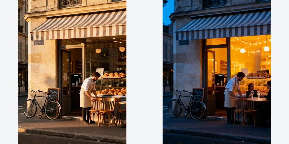 AI-generated day-and-night pair of the same café exterior, consistent sequence created with Seedream V4 Sequential on RenderFlow AI