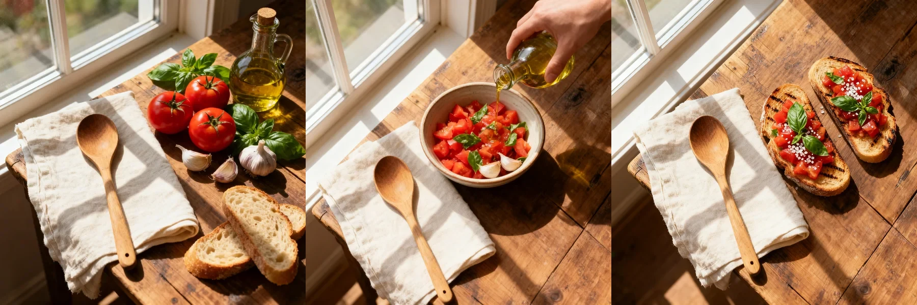 AI-generated 3-step bruschetta recipe photo series with consistent styling, created with Seedream V4 Sequential on RenderFlow AI