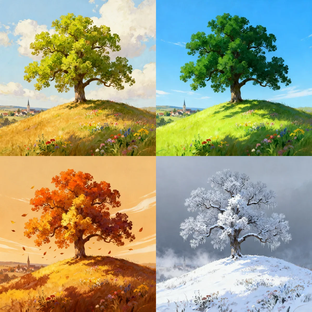 AI-generated four-seasons illustration series of the same oak tree and village, created with Seedream V4 Sequential on RenderFlow AI