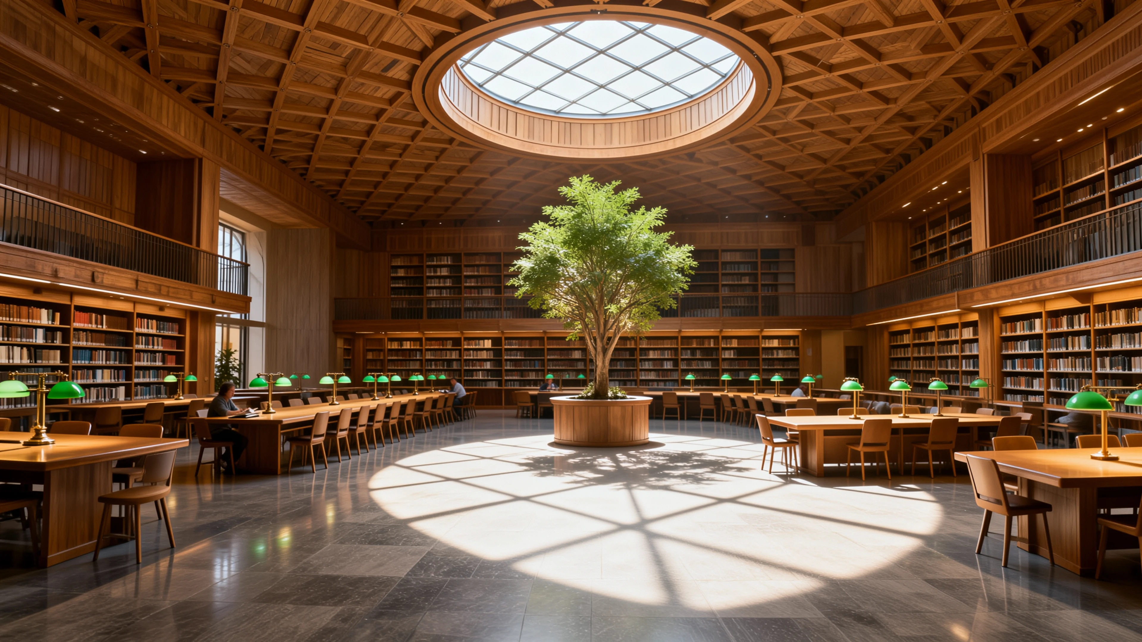 AI-generated high-resolution library interior with timber latticework and an indoor tree, created with Vidu Text to Image on RenderFlow AI