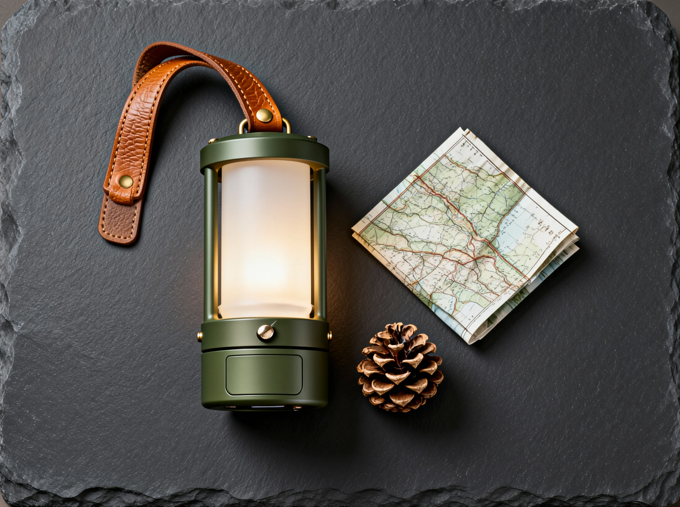 AI-generated product photo of a modular olive camping lantern on slate, created with Vidu Text to Image on RenderFlow AI