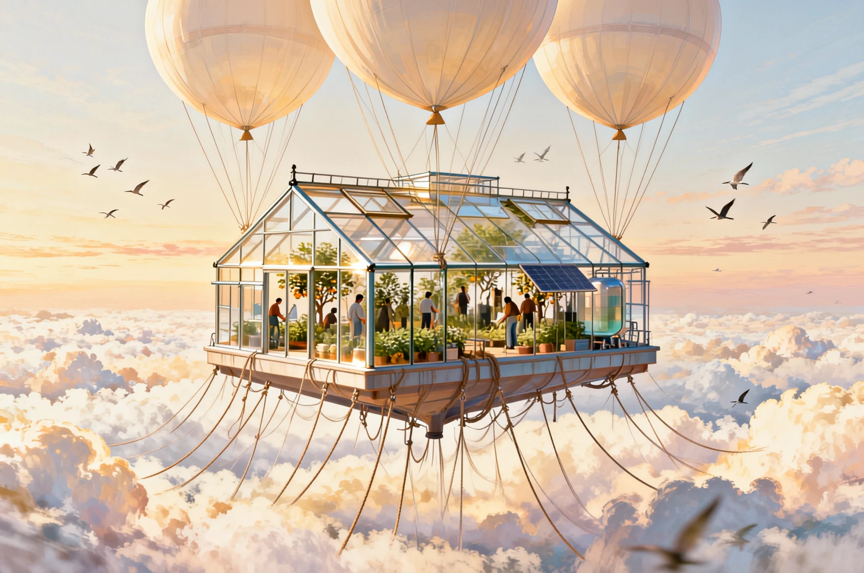 AI-generated concept illustration of a balloon-supported greenhouse floating above clouds, created with Vidu Text to Image on RenderFlow AI