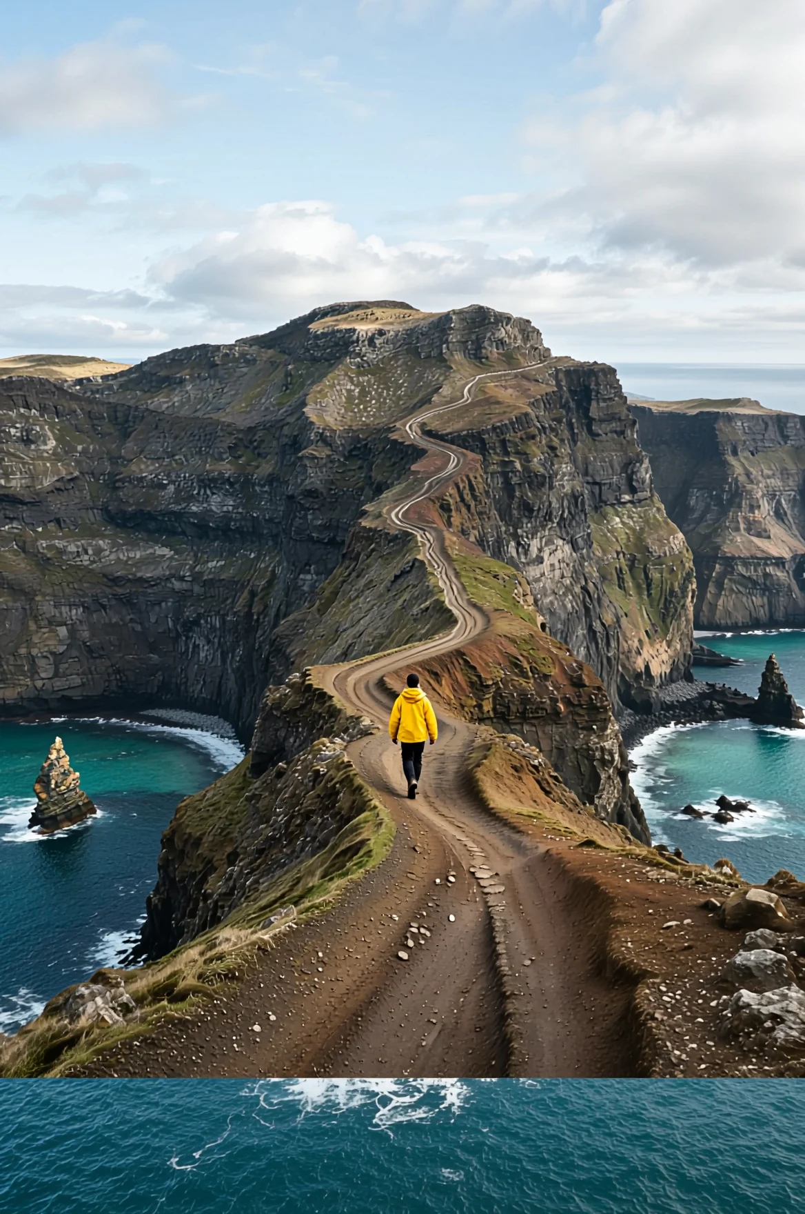 AI-generated coastal hiking guide cover image with a yellow-jacketed hiker above sea cliffs, created with Vidu Text to Image on RenderFlow AI